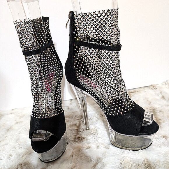 Golden Bulls Black Mesh Rhinestone Clear 6" Platform High Heels - Picture 4 of 10